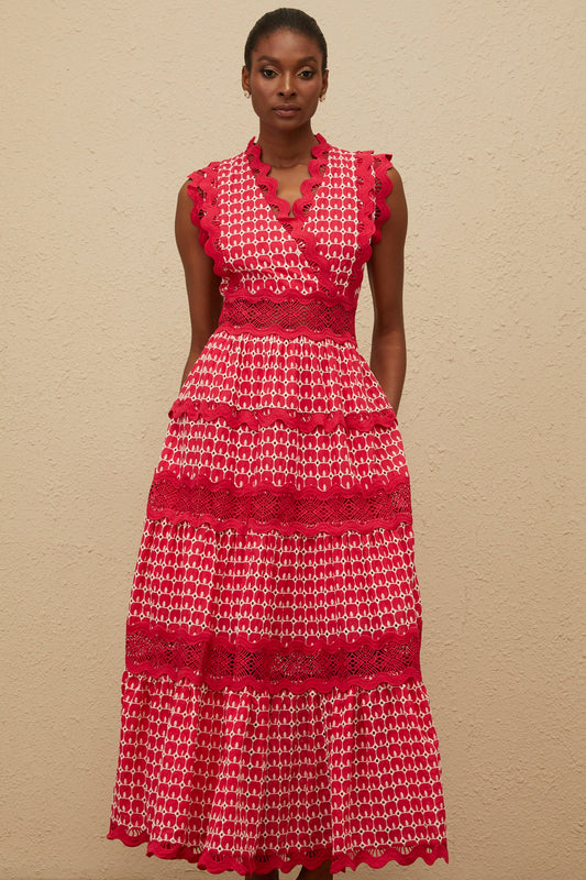 Ténébreuse Red Scalloped Lace Panel Maxi Dress