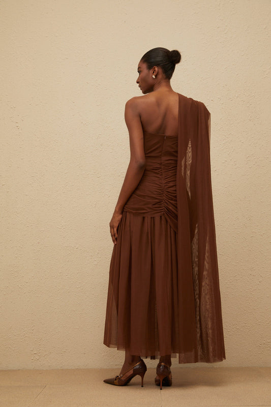 Agathe Brown Asymmetrical Evening Maxi Gown