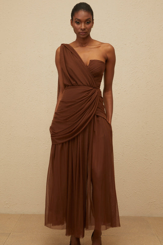 Agathe Brown Asymmetrical Evening Maxi Gown