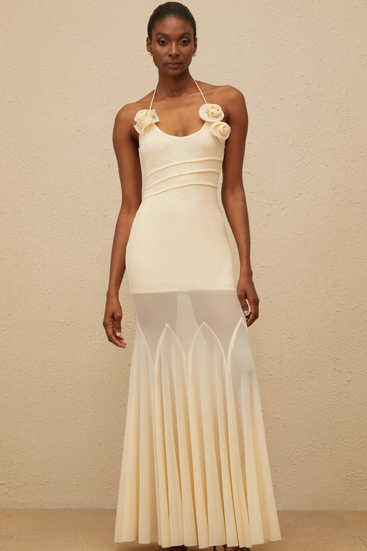 Vague Neutral 3D Petal Mesh Maxi Dress