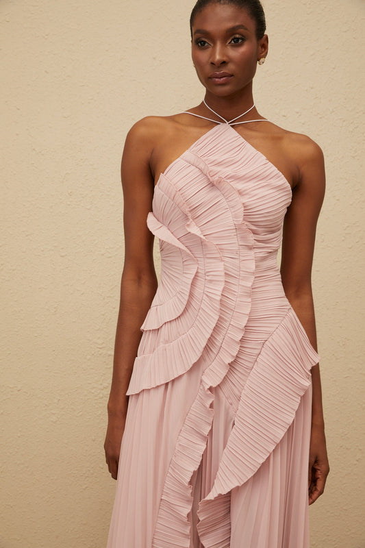 Doux Pink Ruffled Trim Pleated Midi Dress