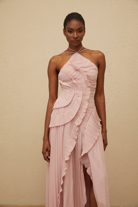 Doux Pink Ruffled Trim Pleated Midi Dress