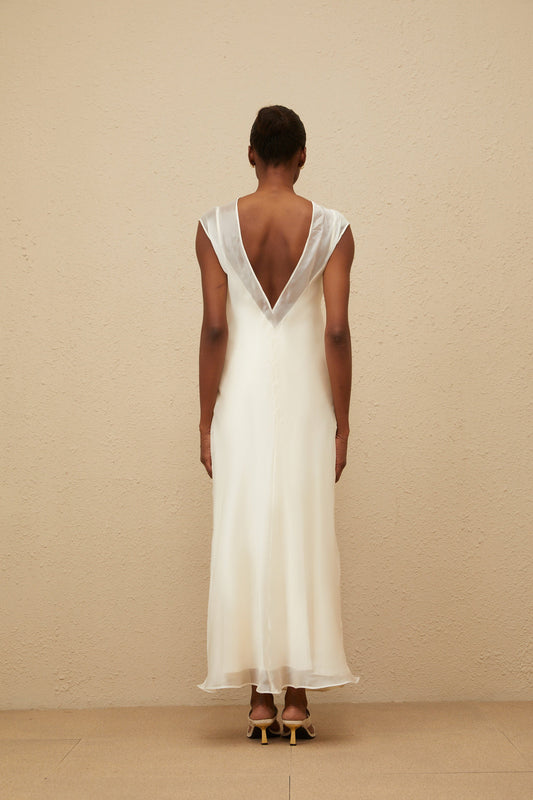 Epurée White Flared Tulle Maxi Dress