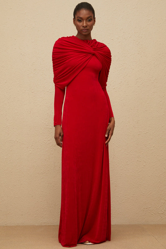 Moderne Red Cape-Design Ruched Maxi Dress