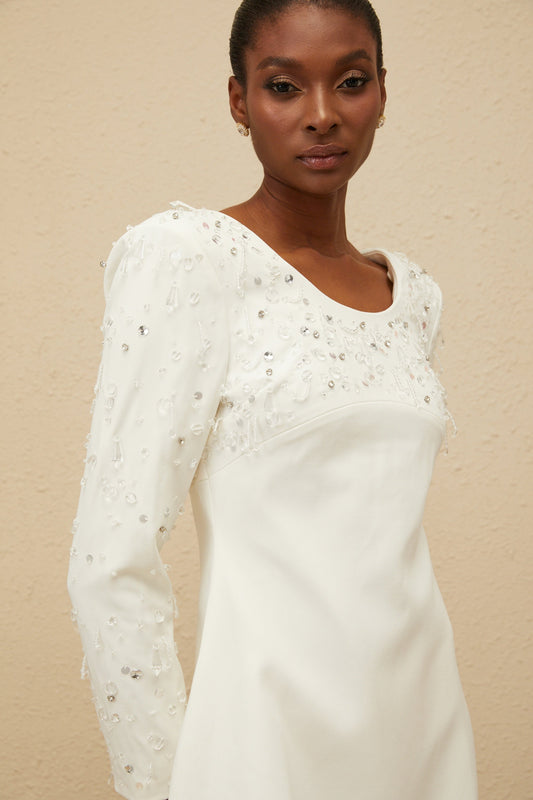 Aurore White Embellished A-line Mini Dress