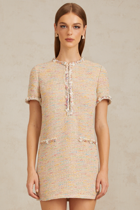 Palme Neutral Embellished Crochet Knit Mini Dress