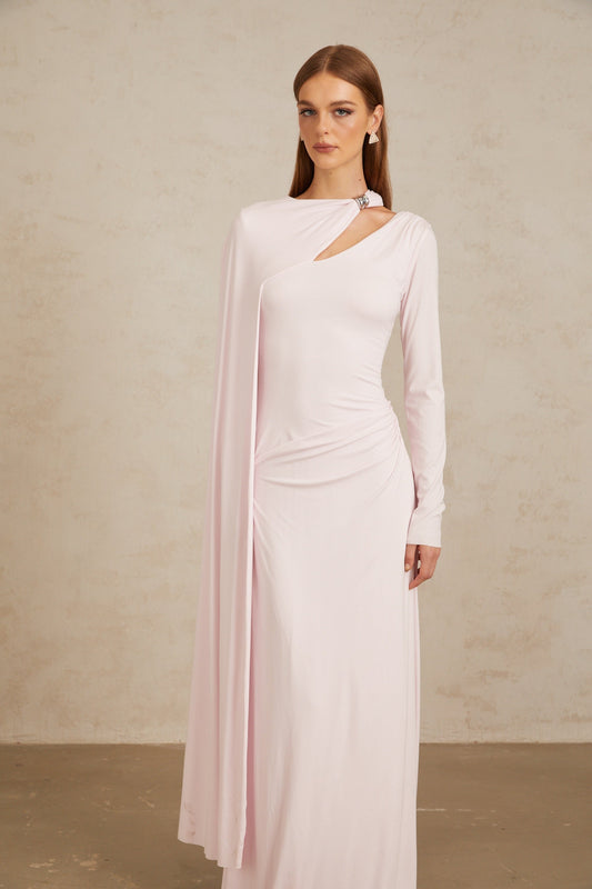 Josette Pink Diagonal Shawl Fitted Maxi Dress