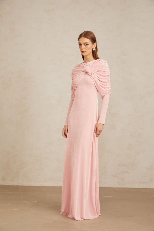 Moderne Pink Shawl Panel Ruched Maxi Dress