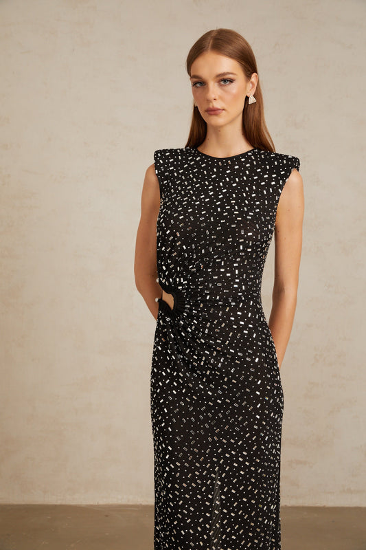 Félicie Black Embellished Mesh Maxi Gown