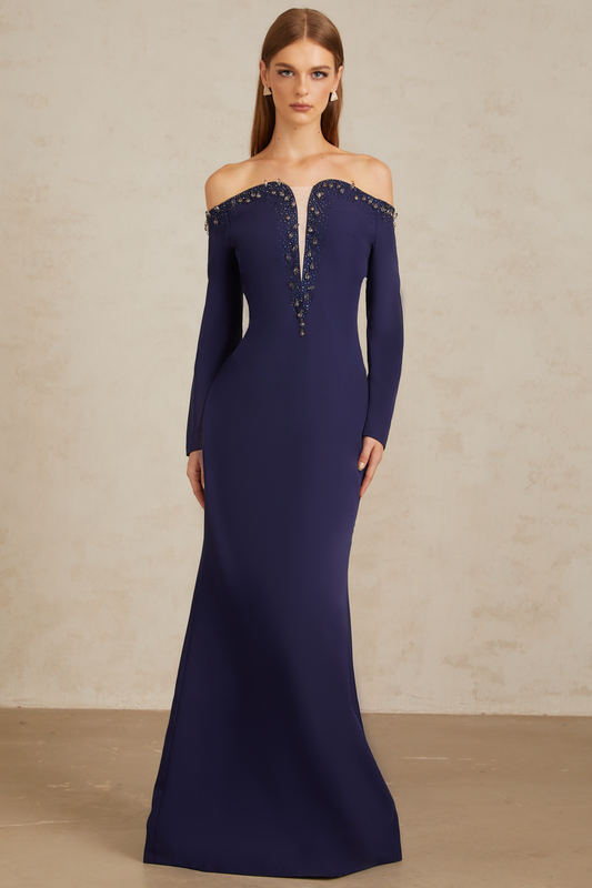 Joyanna Blue Off-Shoulder Embellished Gown