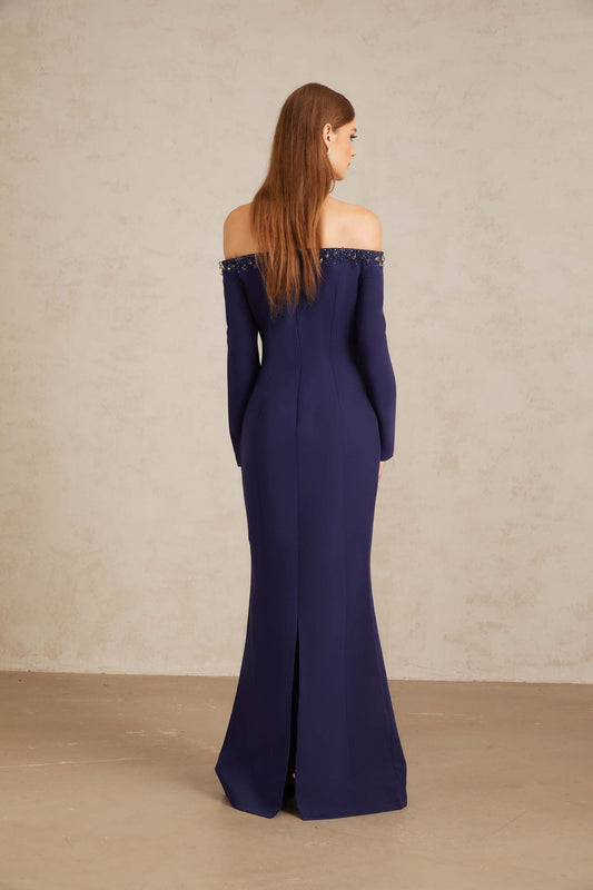 Joyanna Blue Off-Shoulder Embellished Gown