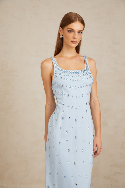 Meris Blue Crystal Embellished Maxi Gown