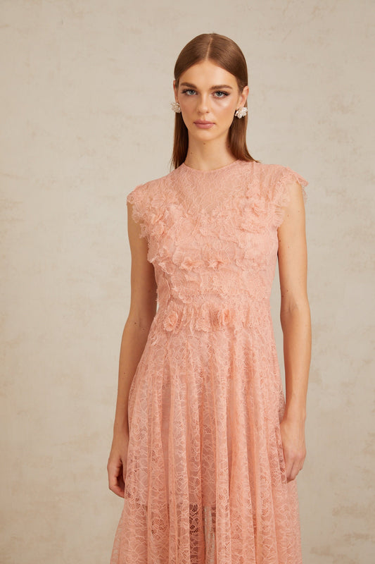 Aila Pink Shirred Guipure Lace Midi Dress