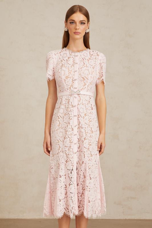 Sabine Pink Floral Lace Mermaid Midi Dress