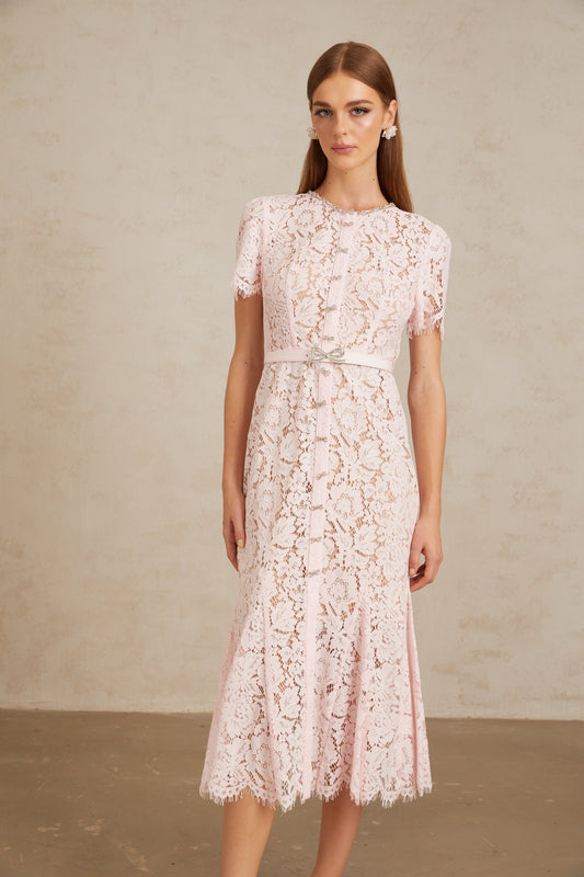 Sabine Pink Floral Lace Mermaid Midi Dress