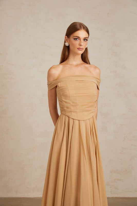 Urbaine Khaki Ruched Tulle Maxi Dress
