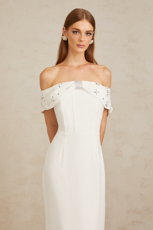 Elli White Off-Shoulder Embellished Midi Dress
