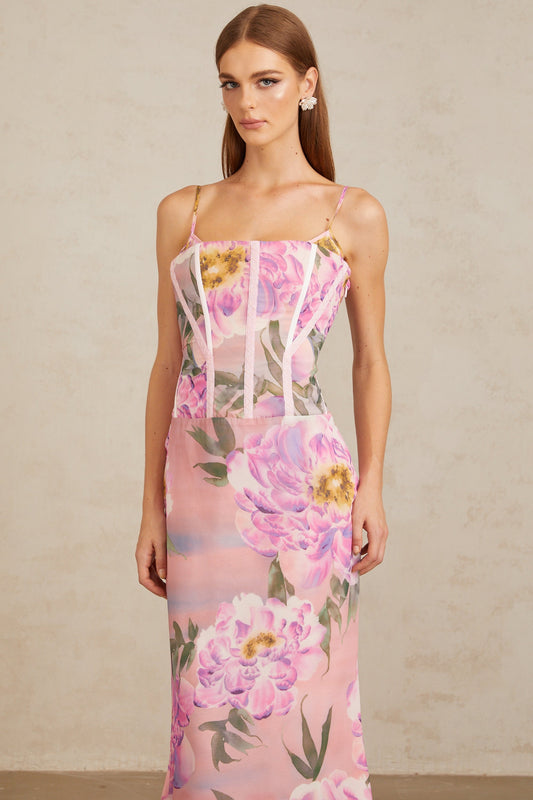 Irène Pink Chiffon Floral Print Maxi Dress