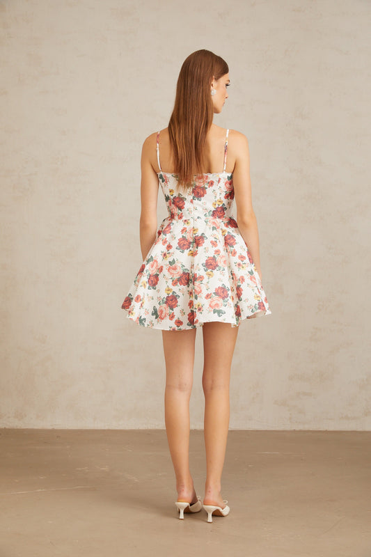 Airelle White Flounced Rose Print Mini Dress