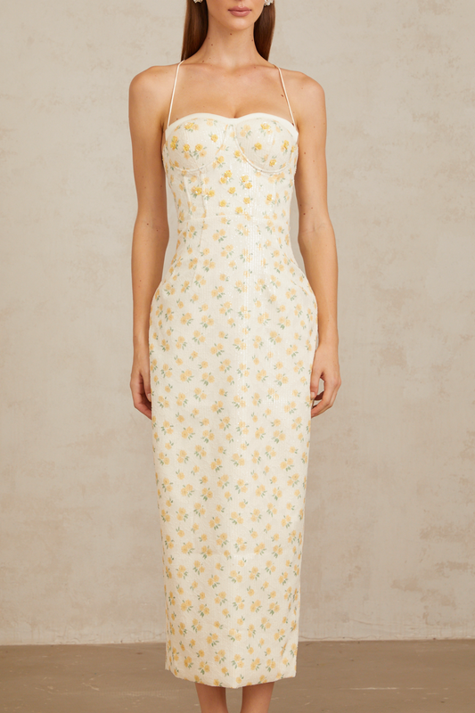 Quincia Yellow Sequined Floral Corset Maxi Gown