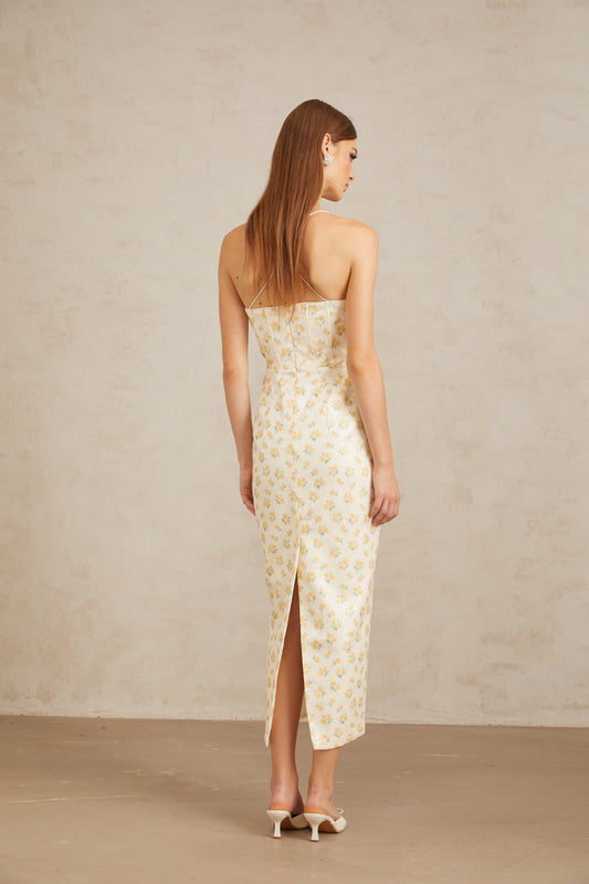 Quincia Yellow Sequined Floral Corset Maxi Gown
