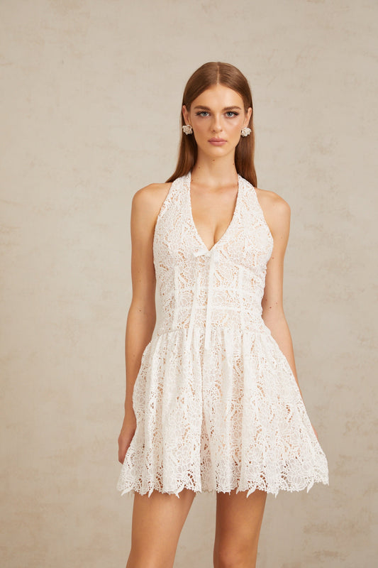 Quincia White Halterneck Corded Lace Mini Dress