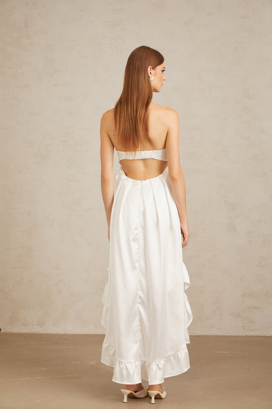 Nocturne White Ruffled Satin Midi Dress