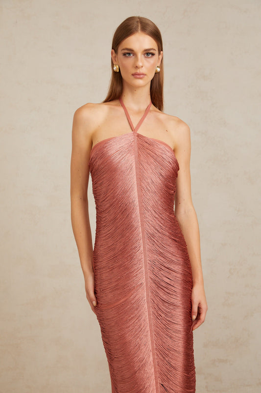 Polliana Pink Fringed Corset Maxi Gown