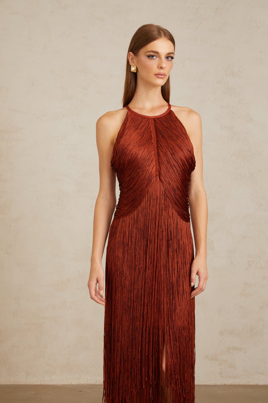Mélisande Rusty Red Halterneck Fringed Maxi Gown