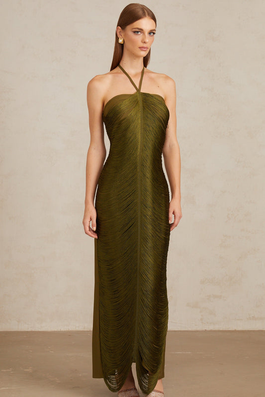 Polliana Olive Green Fringed Corset Maxi Gown