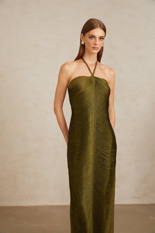 Polliana Olive Green Fringed Corset Maxi Gown