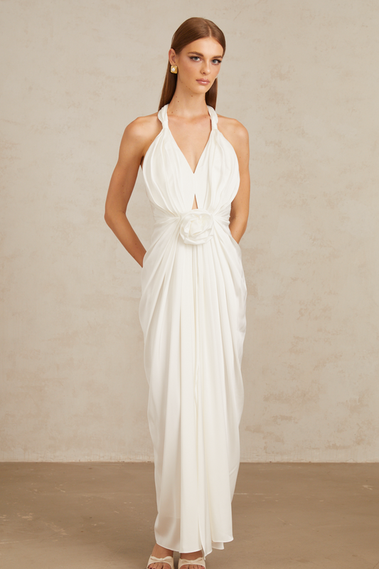 Anais White Gathered Floral Appliqué Maxi Gown