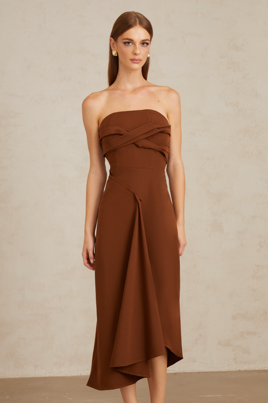 Kyliegh Brown Asymmetrical Off-Shoulder Midi Dress