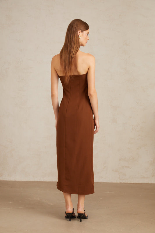 Kyliegh Brown Asymmetrical Off-Shoulder Midi Dress