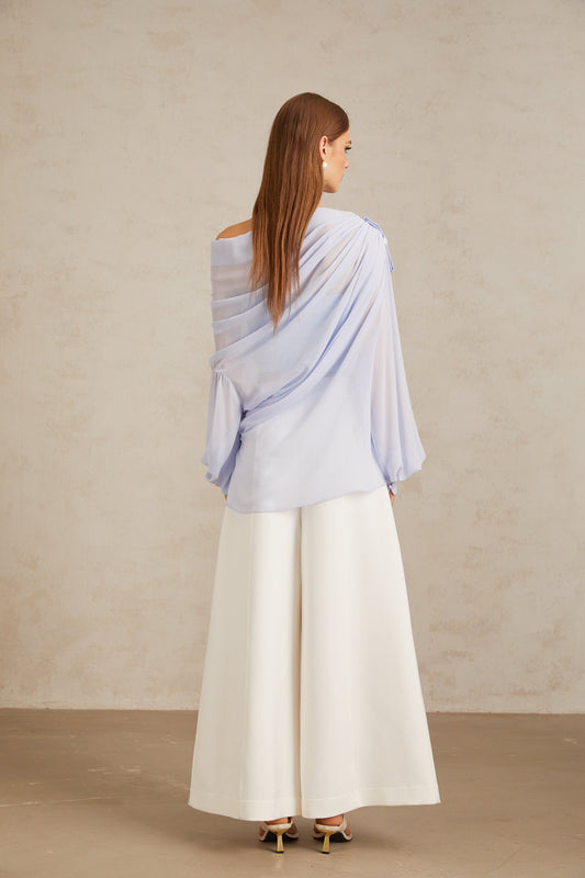 Léonie Blue Crystal Embellished Bowknot Chiffon Blouse