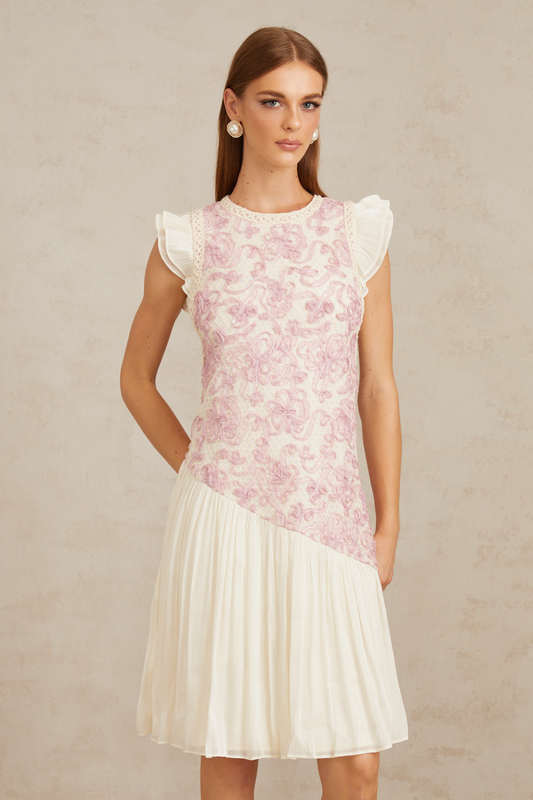 Charitina Pink Panel Floral Crochet Midi Dress