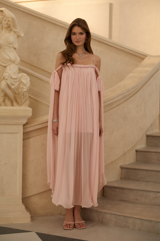 Agathe Pink Braid Detail Pleated Maxi Dress