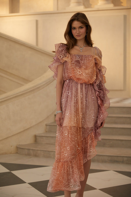 Éva Purple Gradient Floral Lace Midi Dress