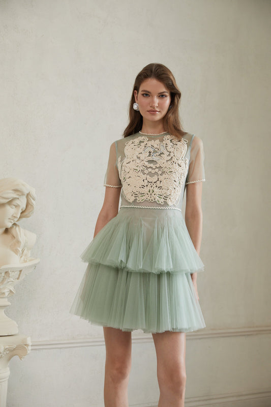 Aikaterini Green Floral Braided Tulle Mini Dress