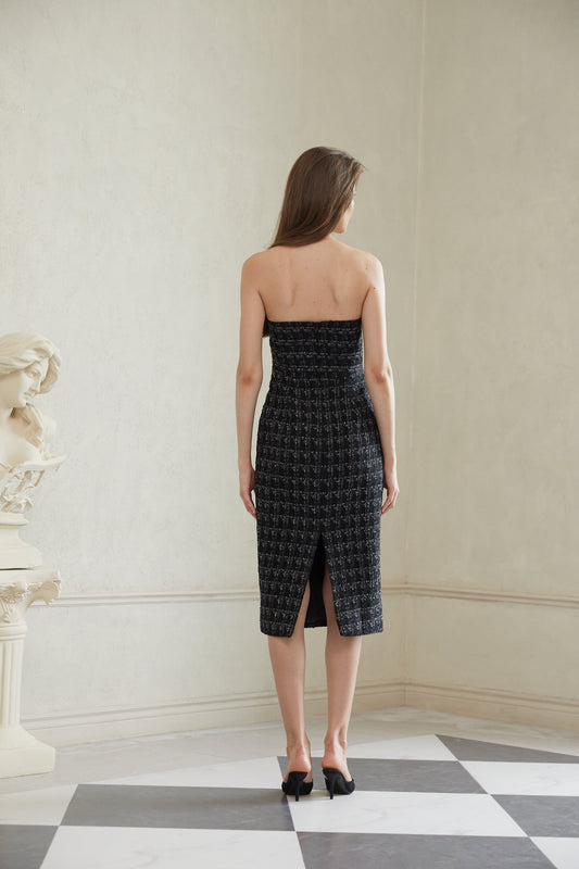 Rauha Black Plaid Weave Tweed Midi Dress