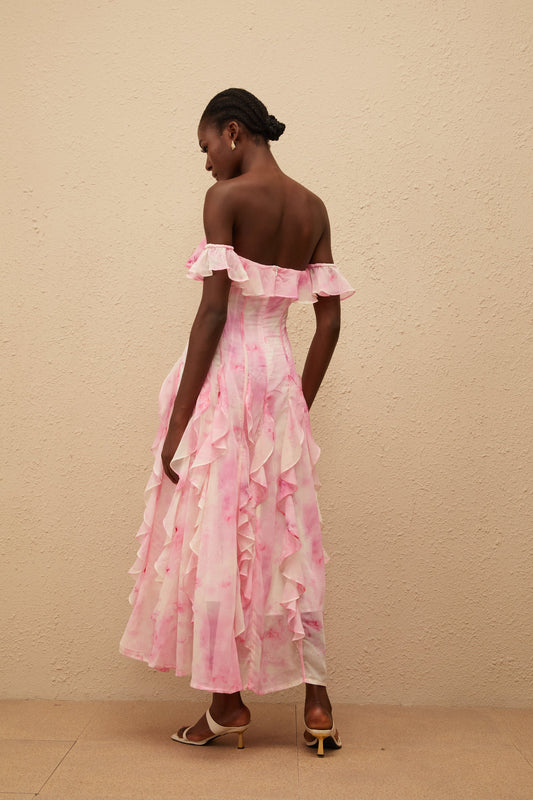Fleur Pink Ruffled Floral Print Maxi Dress