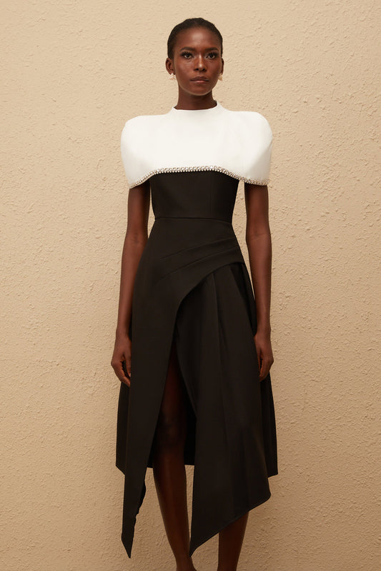 Fabienne Color Block Midi Dress with Embellished Shawl