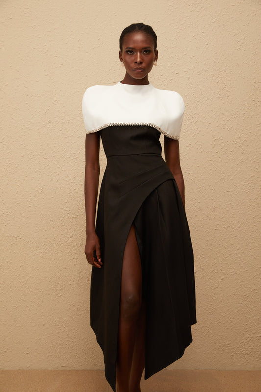 Fabienne Color Block Midi Dress with Embellished Shawl