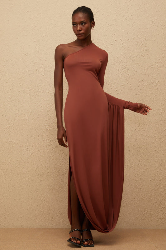 Aikaterini Brown Asymmetrical Draped Panel Midi Dress