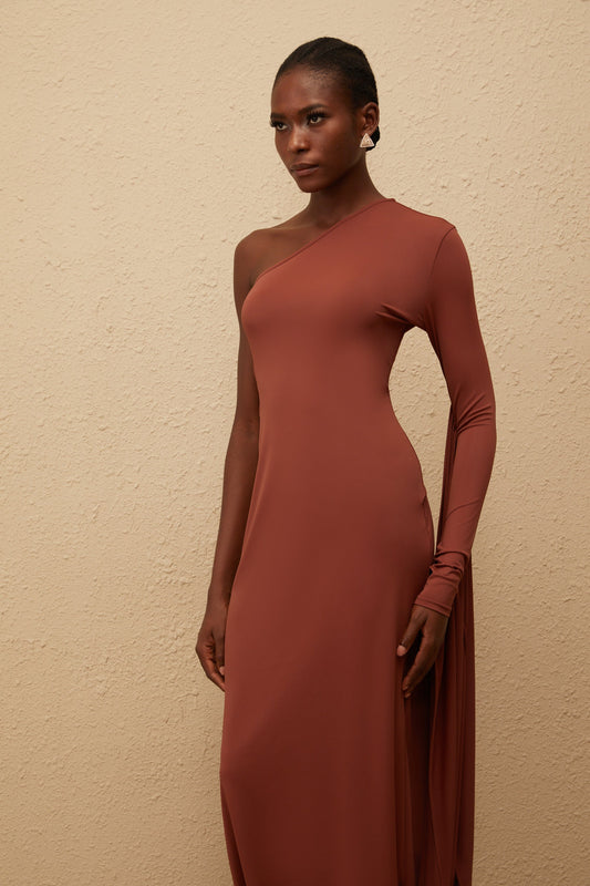 Aikaterini Brown Asymmetrical Draped Panel Midi Dress
