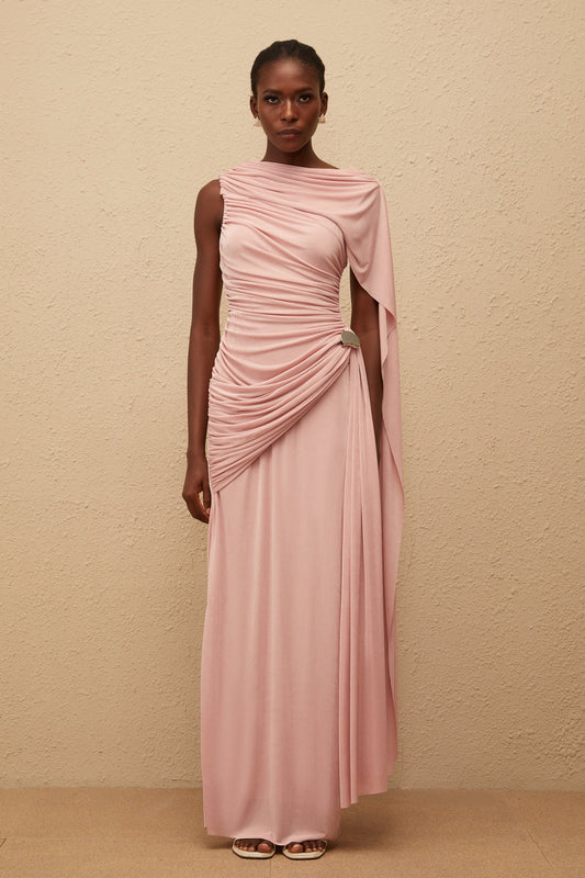 Paloma Pink Sleeveless Asymmetrical Ruched Knit Maxi Dress