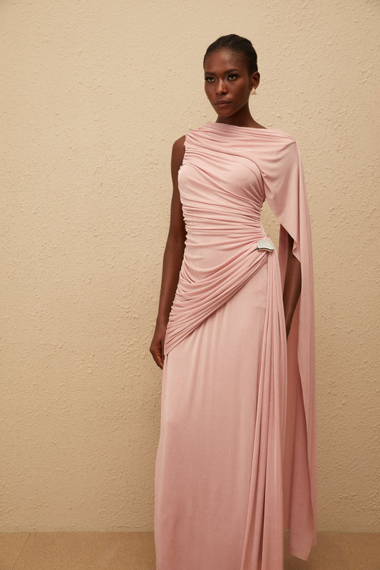 Paloma Pink Sleeveless Asymmetrical Ruched Knit Maxi Dress