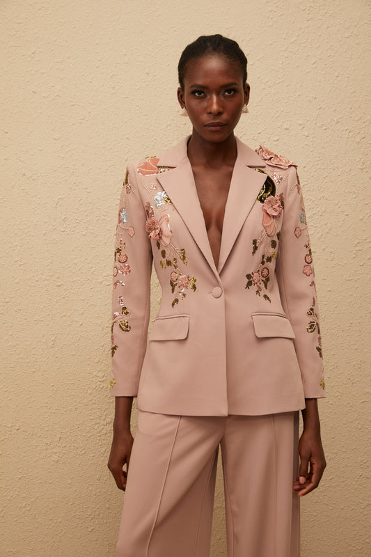 Morgane Dusty Pink Sequined Floral Blazer & Trousers Set