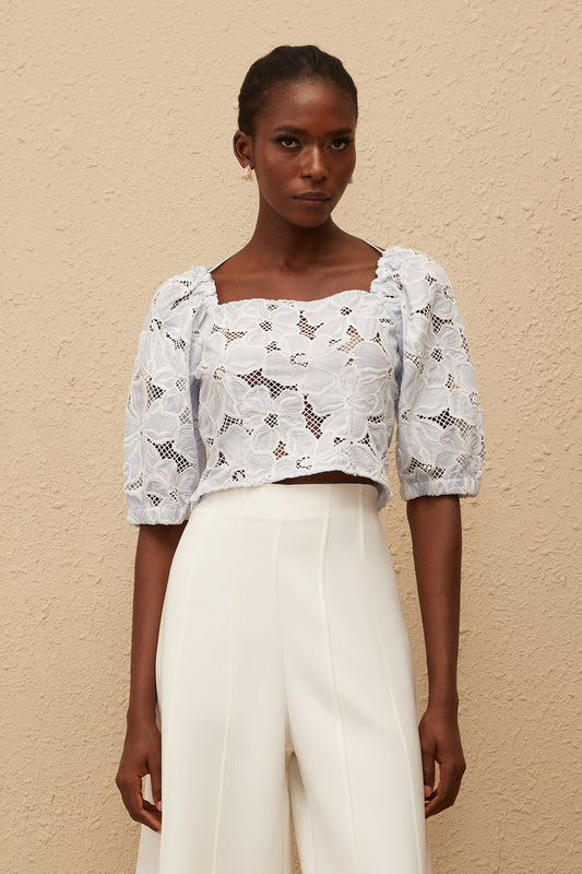 Kirsti Blue Crochet Floral Jacquard Crop Top