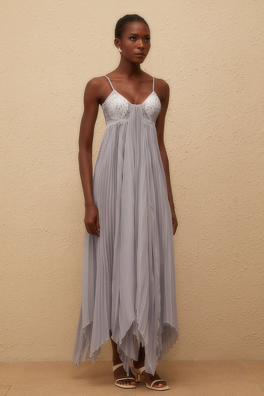 Léa Grey Rhinestone Embellished Pleated Maxi Dress